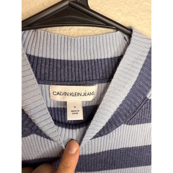 Calvin Klein Jeans Blue Striped Sleeveless Ribbed Knit Bodycon Mini Dress - Picture 3 of 3